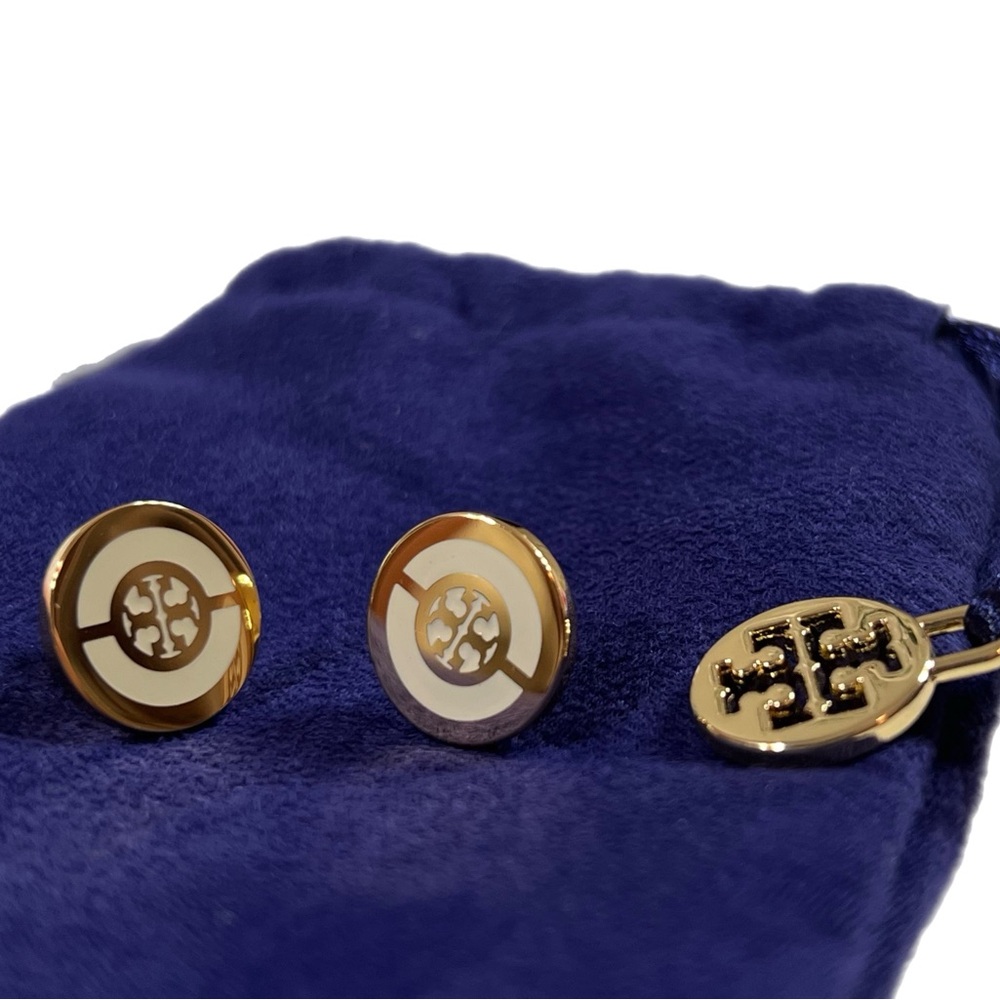 Tory Burch Logo White Enamel Button Earrings NWOT